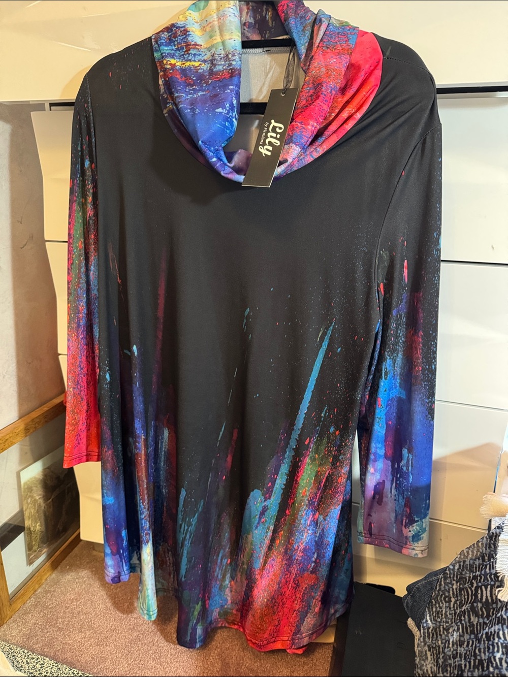 Lily Black Long-Sleeve Cowl Neck Dress with Vibrant Multicolor Splash
